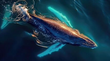 Aerial Drone View of Humpback Whale Swimming in Calm Blue Ocean