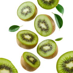 Fototapeta premium Fresh kiwi slices falling with green leaves isolated on white background