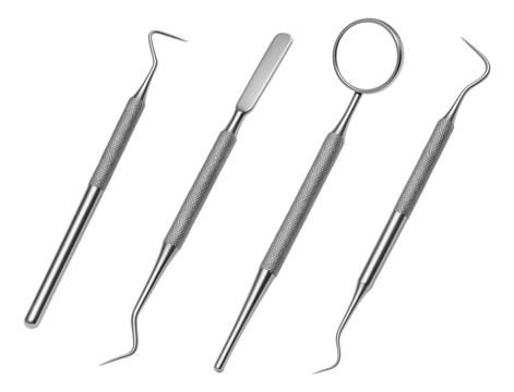 Set of four stainless steel dental tools including mirror, probe, and scaler on transparent background.