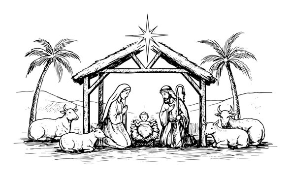 nativity scene with holy family in outline hand drawn style