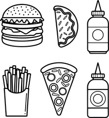 Black and white line drawing of fast food items including burger pizza fries and sauce bottles neatly arranged