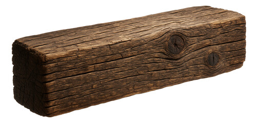 Obraz premium A textured, rectangular piece of natural, weathered wood with visible grain and knots, on transparent background.
