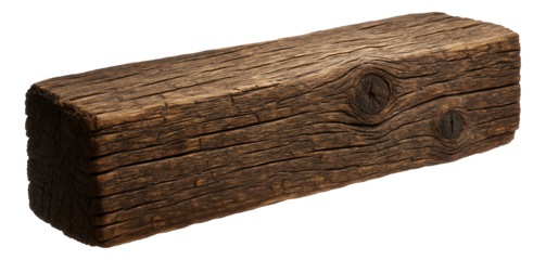 A textured, rectangular piece of natural, weathered wood with visible grain and knots, on transparent background.