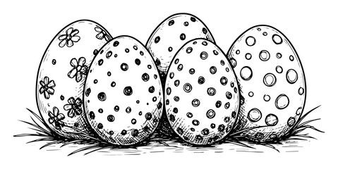 easter eggs with decorative patterns in black and white sketch