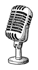 vintage microphone in hand drawn monochrome outline style