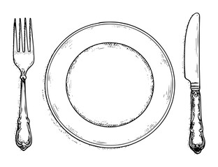 table setting with plate fork and knife in monochrome sketch