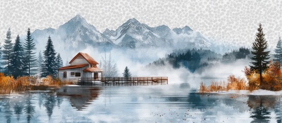 Fototapeta premium Watercolor serene lakeside cabin nestled among misty mountains and evergreen trees