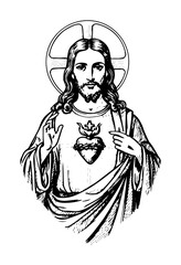 jesus sacred heart drawing in religious engraving style
