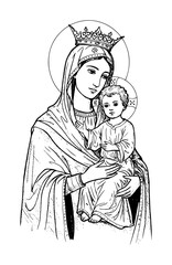 madonna with child in religious sketch engraving style