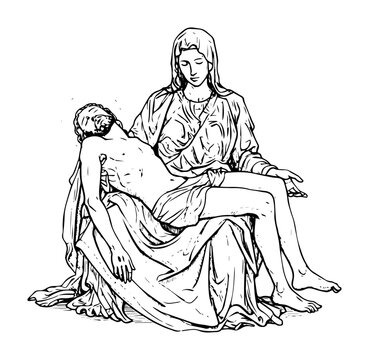 pieta mary holding jesus in religious sketch style