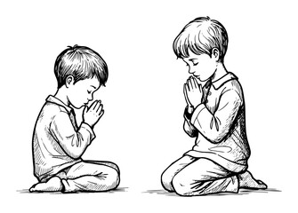 praying boy in outline vector sketch engraving style