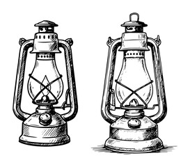 kerosene lanterns in vintage engraved sketch outline style