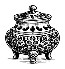 ornate incense burner in engraved religious sketch style