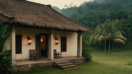 Fototapeta premium A rustic house surrounded by lush greenery, featuring a thatched roof and inviting porch, Ideal for illustrating rural living, eco-tourism, or countryside retreats