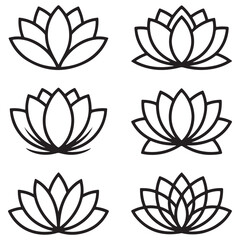 Black Lotus Flower Icons Set  Silhouettes on White Background, Collection of Simple Line Art Lotus Flower Variations