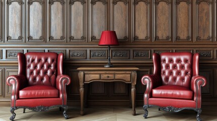 Obraz premium Elegant red leather chairs flanking a wooden table with a red lamp create a sophisticated atmosphere, perfect for interior design projects, luxury lounges, or elegant event settings,