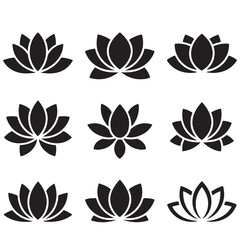 Black Lotus Flower Icons Set  Silhouettes on White Background, Collection of Simple Line Art Lotus Flower Variations
