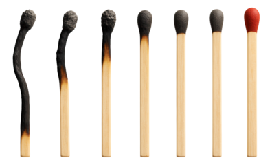 A series of seven matchsticks in varying stages from burnt to unlit, illustrating the lifecycle of a match on transparent background.