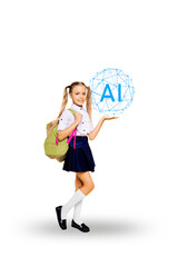 Banner artwork poster collage of happy preteen schoolgirl show ai button wear uniform backpack gpt chat innovation assistant