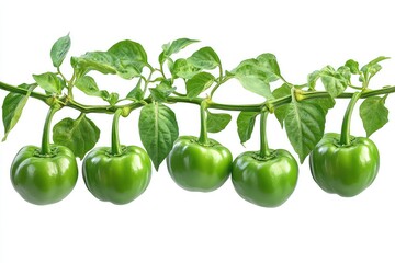 A cluster of fresh green bell peppers on the vine isolated