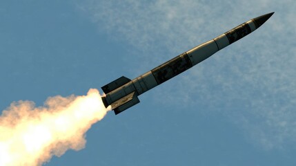 Naklejka premium A rocket is soaring through the sky, leaving a trail of smoke and fire behind, This dynamic image can be used for topics related to aerospace, defense technology, or science fiction concepts,