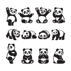Obraz premium Cute Panda Silhouette Vector Set on White Background 