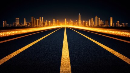 Obraz premium A wide, illuminated highway leads toward a vibrant city skyline at dusk, emphasizing modernity and progress, Ideal for themes of travel, urban innovation, and nighttime city life,