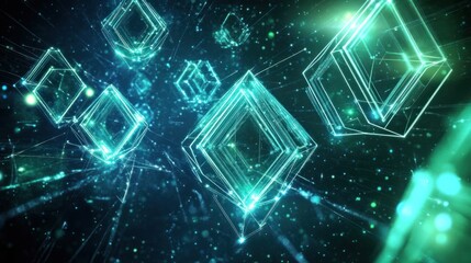 Abstract digital cubes in space.  Complex network of glowing turquoise diamond-shaped forms