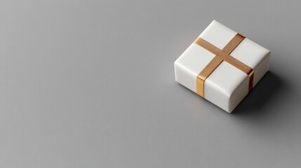 A beautifully wrapped gift box with a shiny golden ribbon sits on a neutral gray background, perfect for holiday promotions, invitations, or gift-related themes