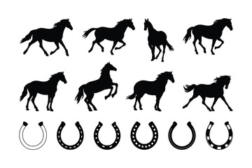 Running Horse Silhouette Vector Collection with Horseshoe Icons 