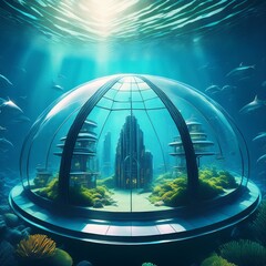 Zukunftsstadt unter Wasser in Glaskuppel bei Tag