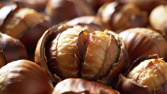 Guests enjoy the warmth of roasted chestnuts at a lively autumn gathering in a park. The aroma fills the air as they crack open the crispy shells of the tasty treats.