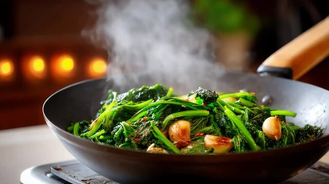 Stir fried green vegetable with garlic cooking in pan with steam rising warmly