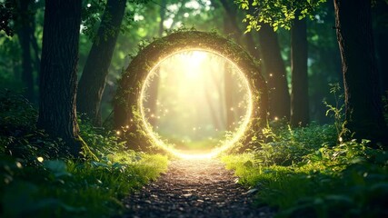 Magical forest path with glowing portal and sunlight streaming through lush green trees, surrounded by enchanting foliage, fantasy mood, mysterious and sparkling atmosphere, evoking wonder - Powered by Adobe