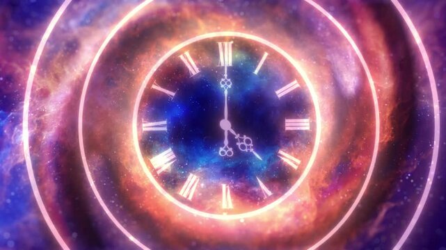 Opposing clock hands rotate over stars and nebulae, symbolizing unstable timelines, quantum chaos, or distorted perception of time