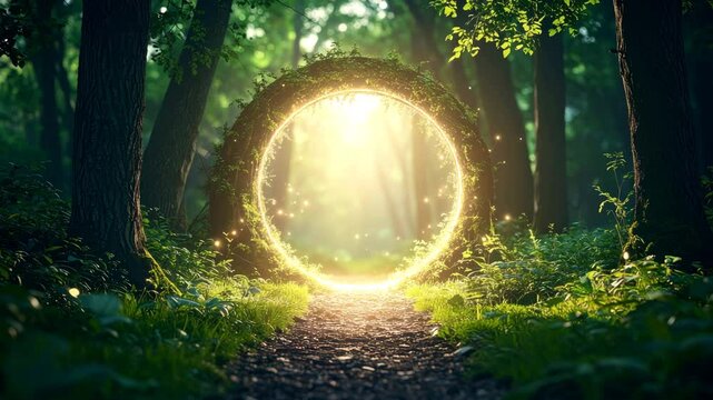 Magical forest path with glowing portal and sunlight streaming through lush green trees, surrounded by enchanting foliage, fantasy mood, mysterious and sparkling atmosphere, evoking wonder