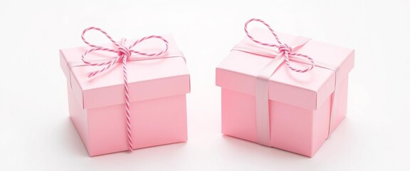 Obraz premium Two pastel pink gift boxes, delicately string-tied, sit on a white background, gift boxes, wrapping