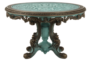 Vintage turquoise round garden patio table with intricate baroque carvings, distressed patina finish, and elaborate scrollwork pedestal base isolated on transparent background.