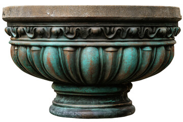 Weathered verdigris cast iron garden urn planter with antique patina and classical fluted design isolated on transparent background.