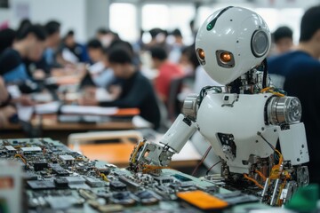 Robot in Classroom Studying Electronics