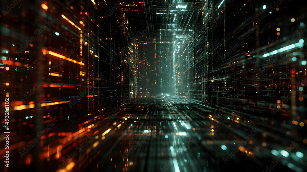 Poster abstract futuristic technology tunnel with glowing lines and depth of field effect creating space