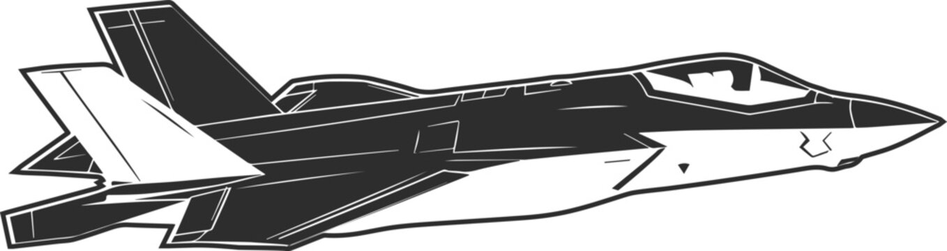  Black and white icon of a military aircraft F35 with silhouettes of the cockpit and pilot, vector image of a combat aircraft F35 in black