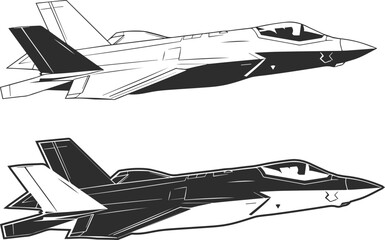 Two F35 fighter jets, icons in a unique style, made in the form of silhouettes in black, F 35 aircraft icon with cockpit and pilot silhouettes.
