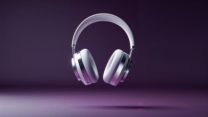 Modern wireless headphones floating against a purple background in a minimalist display