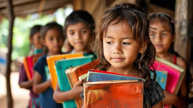 Children in a queue with books; girl in focus, smiling. Girl in pink, boy in orange, behind &ndash; blue shirt, in front &ndash; ponytail girl in pink, background shows faintly green tops. Warm, positive vibe, po