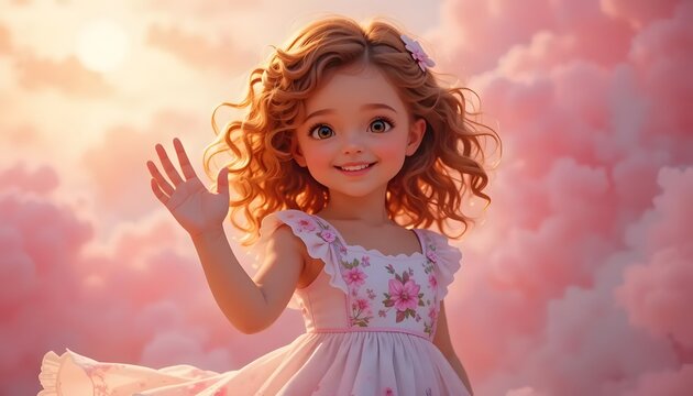 Smiling girl waves hello amidst pink clouds - Powered by Adobe