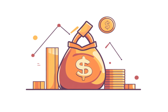 a cartoon of a bag with coins and graph