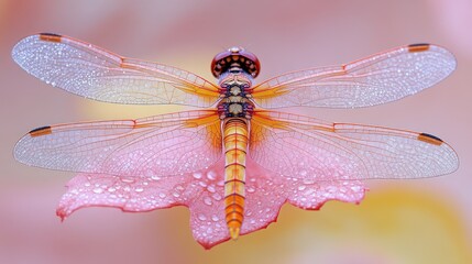 Colorful dragonfly on dew leaf, soft pink and yellow bokeh, serene peaceful atmosphere.
