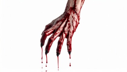 A bloody hand with long black nails dripping with red blood against a clean white background