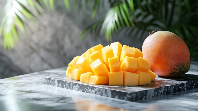 A 3D render of sliced mango and papaya arranged in a tropical border on a marble surface, bright daylight, blurred palm background. Photorealistic textures, glossy finish. Created Using: 3D modeling,